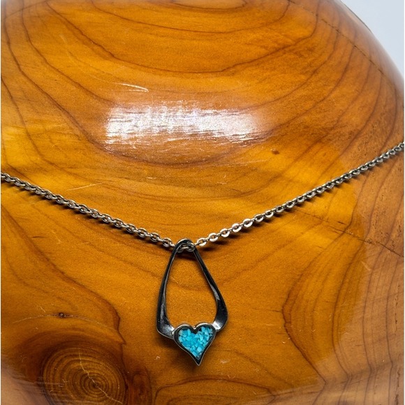 Jewelry - Sterling Silver Heart Pendant Necklace Turquoise Inlay Bell Trading Post Era